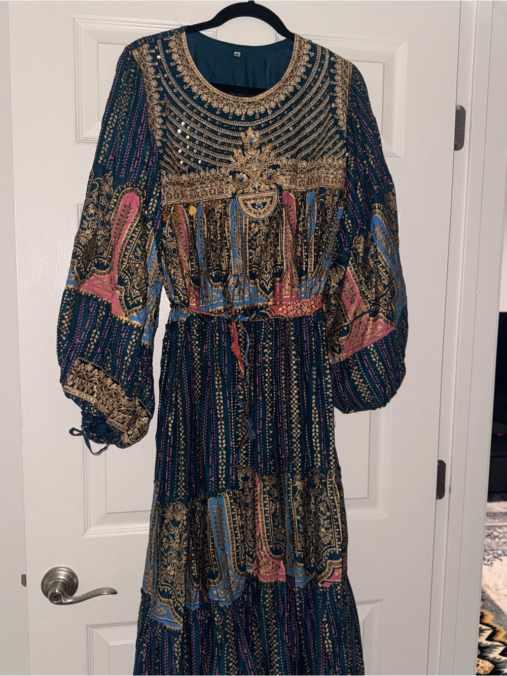 SHEIN Dark Teal Maxi Dress with Gold Embroidery and Pink & Blue Accents